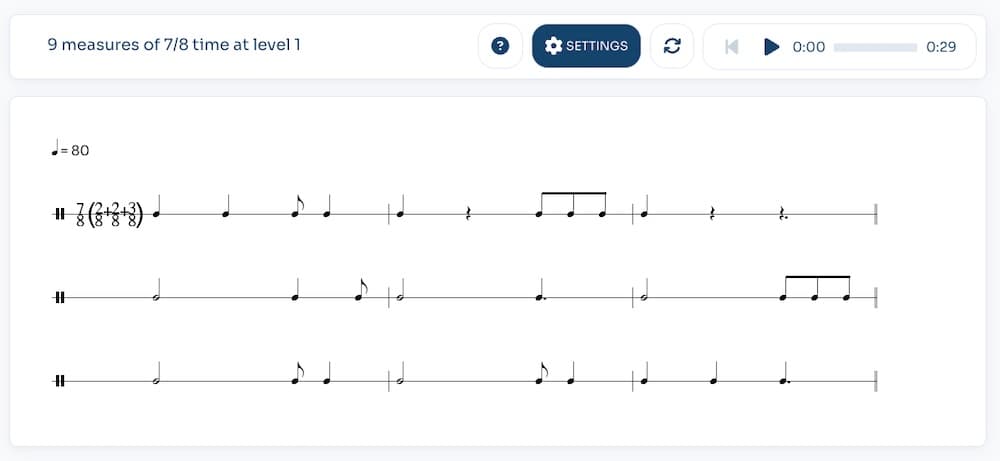 PSR practice interface with 7/8 (2+2+3) selected, Level 1, rhythm only
