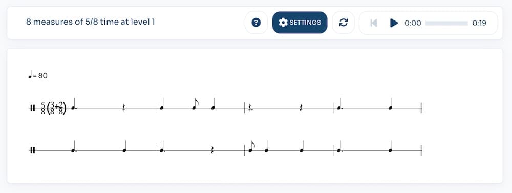 PSR practice interface with 5/8 (2+3) selected, Level 1, rhythm only