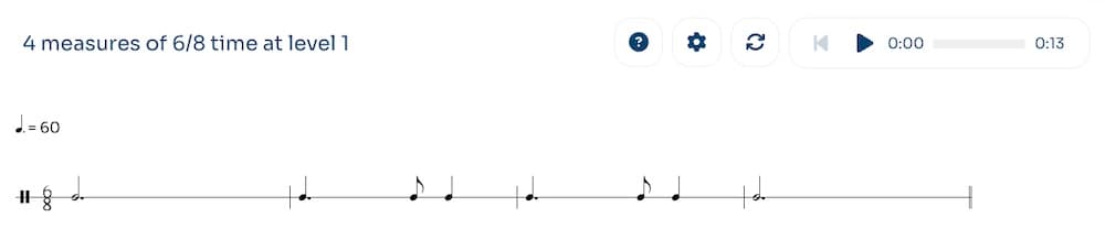 A generated PSR exercise in 6/8 at Level 1, showing basic patterns like dotted quarters and groups of three eighths