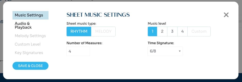 PSR settings modal showing the time signature dropdown with 6/8 selected