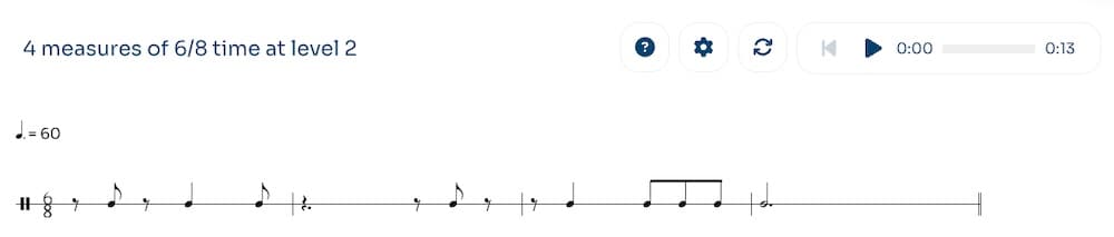A generated PSR exercise in 6/8 at Level 2, showing rest patterns mixed with Level 1 material