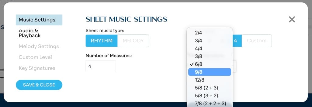 Settings with time signature drop down.