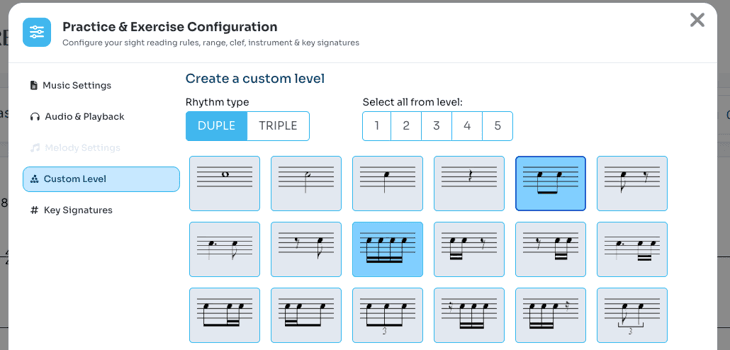 Practice Sight Reading custom level settings with eighth notes and four sixteenth notes selected