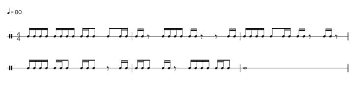 Practice Sight Reading rhythm exercise in 4/4 time mixing four-sixteenth groups with eighth-and-two-sixteenth patterns