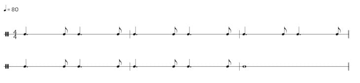 Sheet music in 4/4 time showing dotted quarter notes followed by eighth notes at Level 2 difficulty.