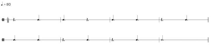 Sheet music in 6/8 time showing dotted quarter notes and dotted quarter rests in a Level 1 rhythm exercise