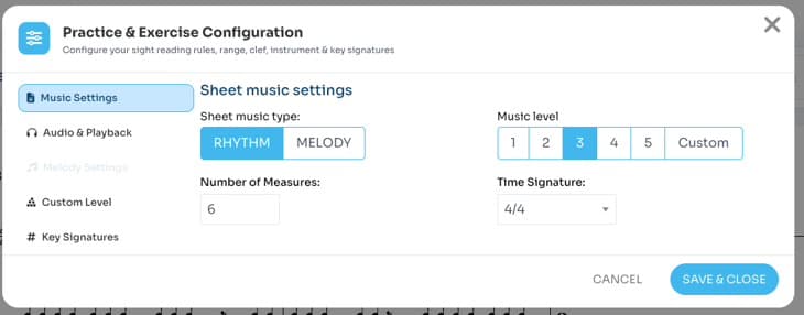 Practice Sight Reading settings modal with time signature 4/4, rhythm level 3, and tempo set to 60 beats per minute